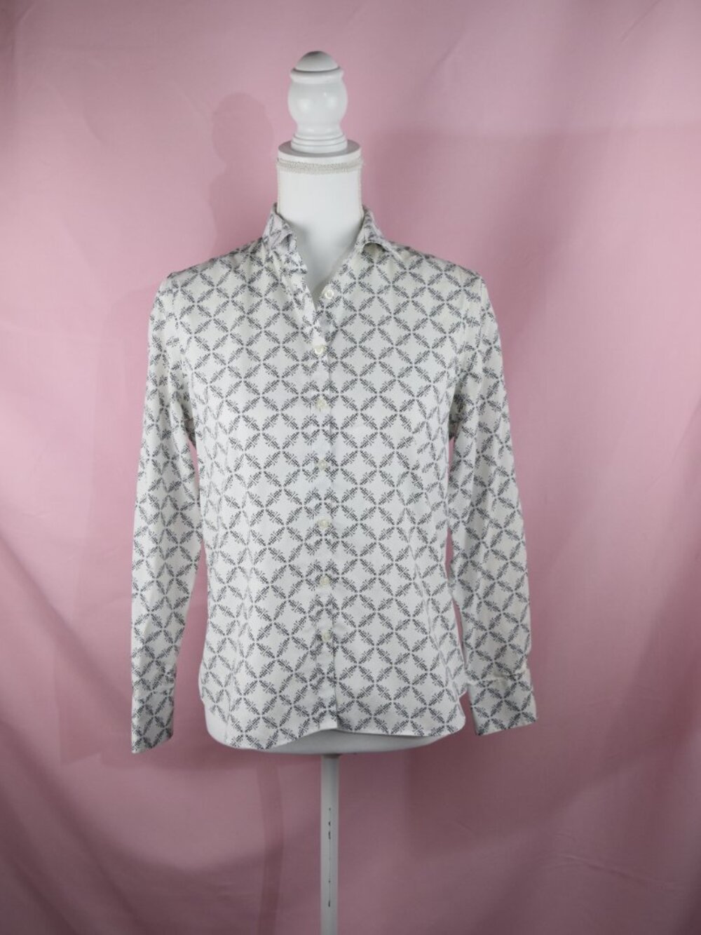 Lands' End No Iron Baumwolle Navy Blue & White Geometric Print | Size 6P Petite